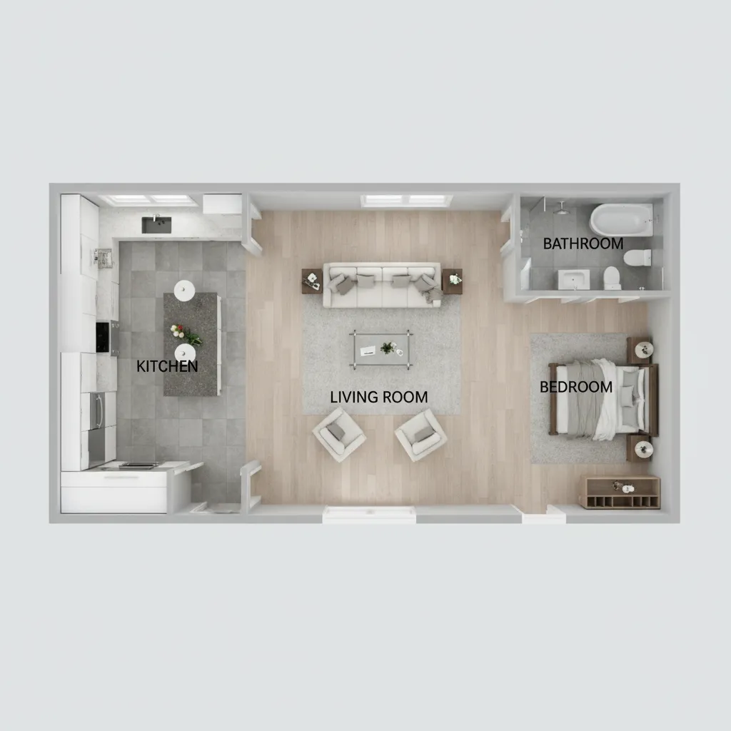 3D room layout of a small apartment including kitchen living room bathroom and bedroom areas