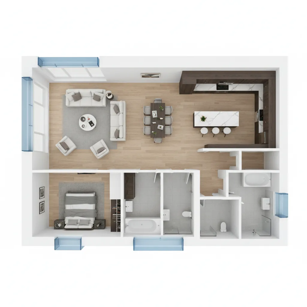 Mặt bằng nhà 3D thể hiện bố cục các phòng