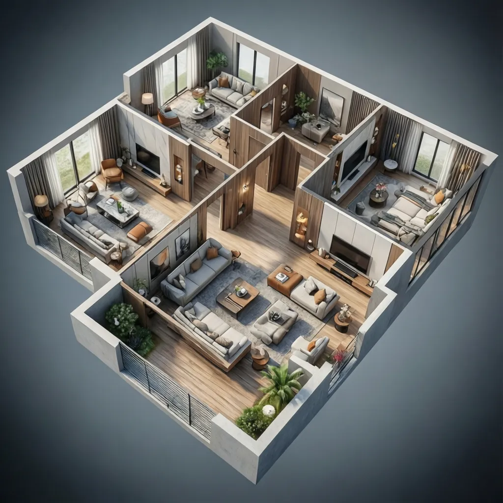 Visualisasi 3D denah rumah modern