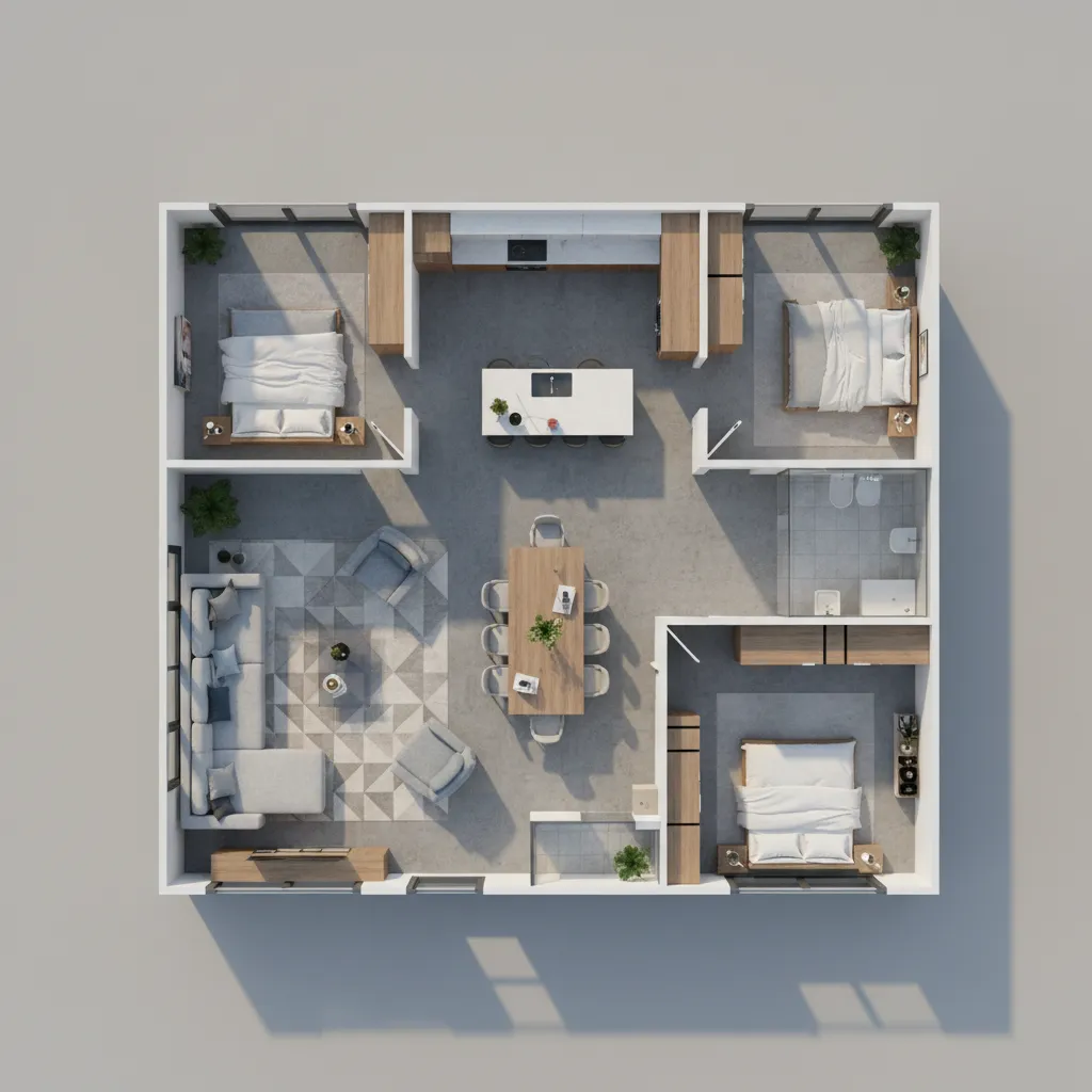 Plano 3D de apartamento mostrando muebles y circulación