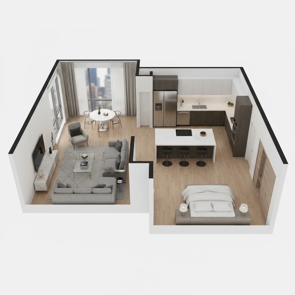 Coohom 3D floor plan showing a grey sofa kitchen island dining table and white bed