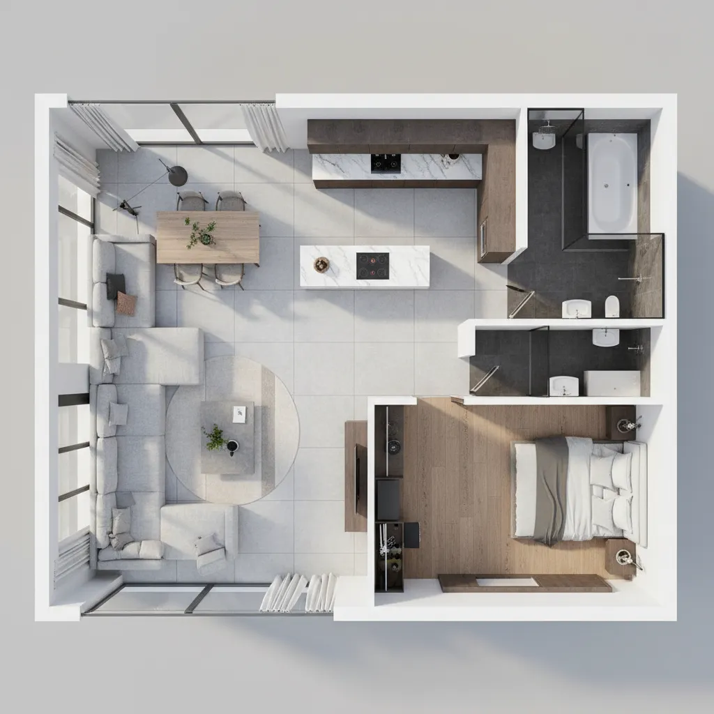 Plano 3D de distribución interior de una vivienda