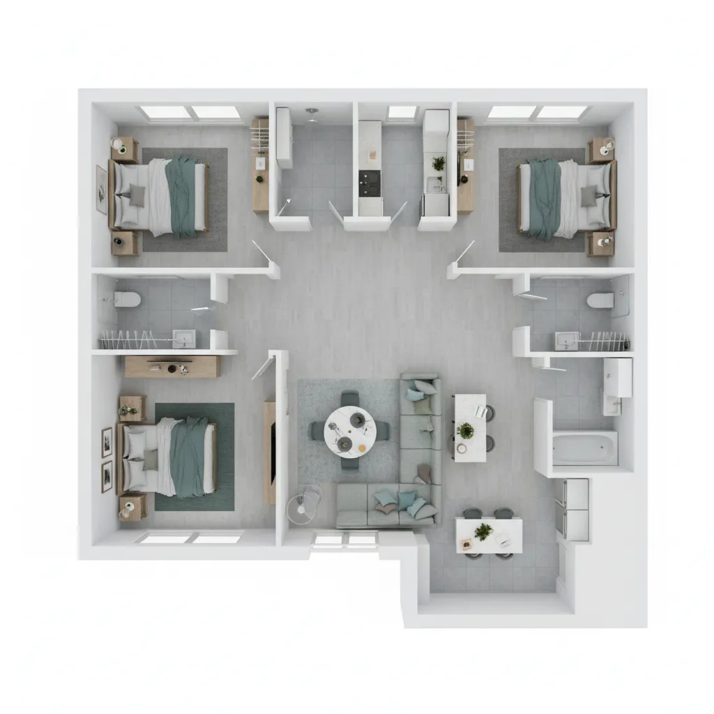Plano 3D de distribución interior de una vivienda