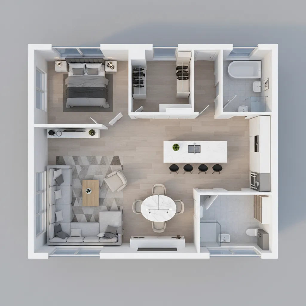 Plano 3D de distribución interior de una vivienda