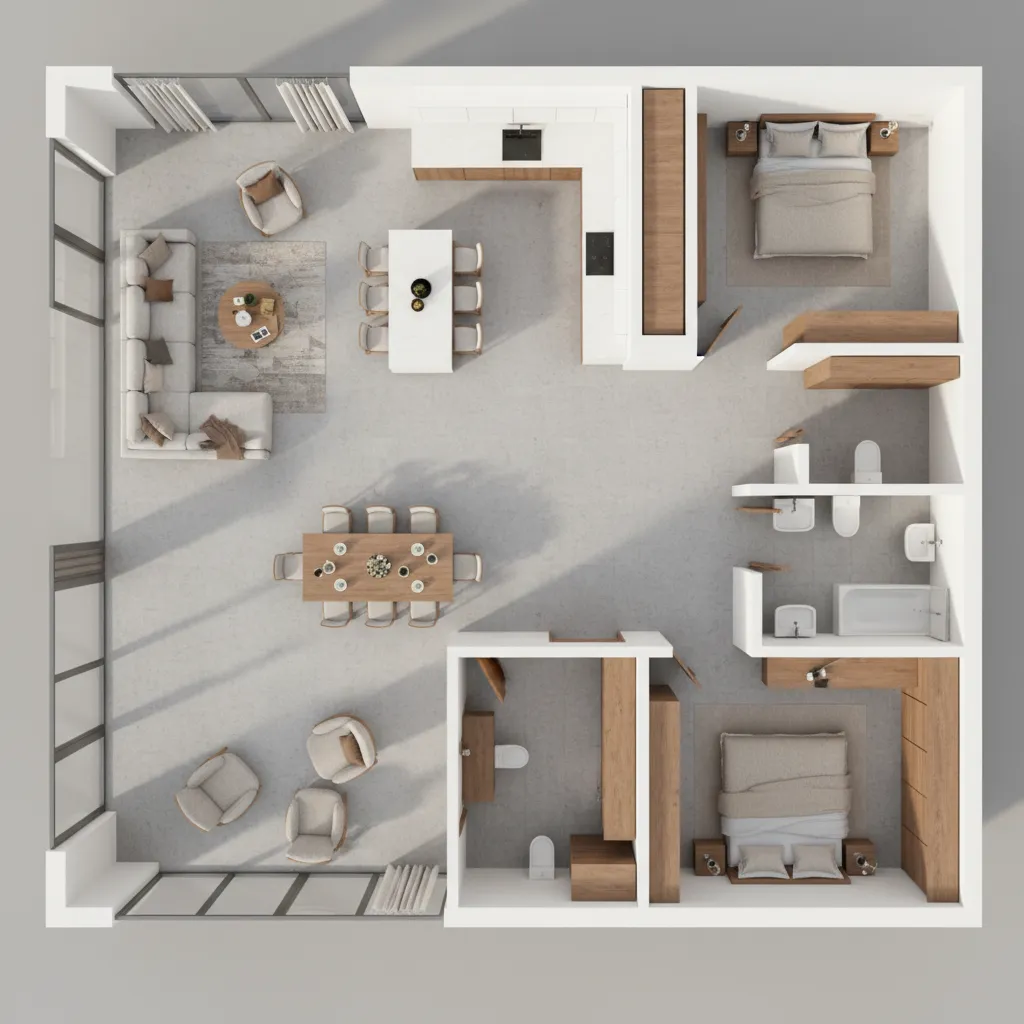 Plano 3D de distribución interior utilizado para planificación de espacios