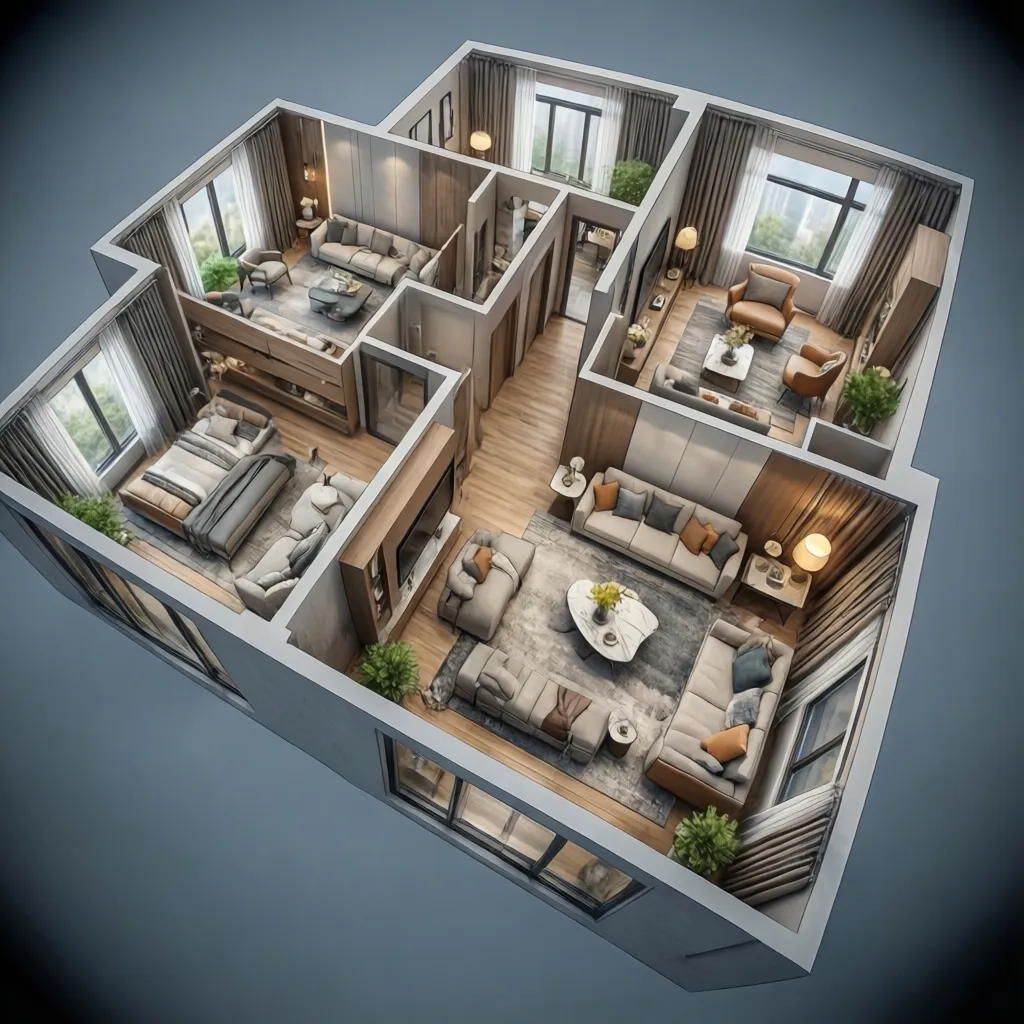 Visualización digital de un plano de vivienda en 3D usado para diseño interior