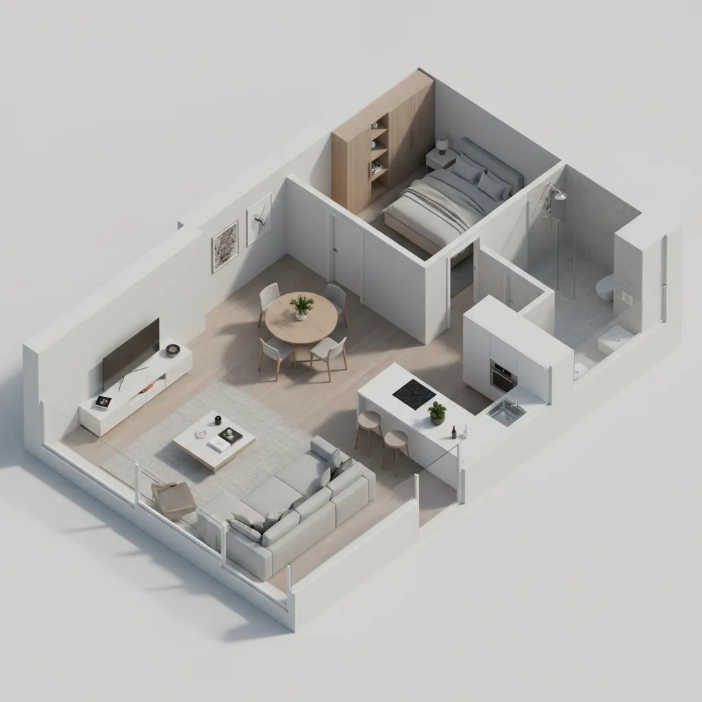 3D interior design drawing showing room layout of apartment with living kitchen bedroom and bathroom