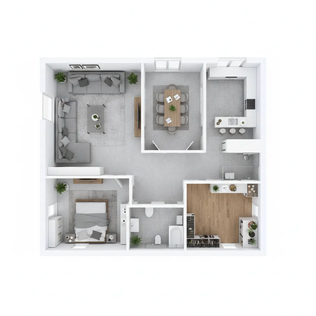 Plano 3D de una vivienda mostrando varias habitaciones amuebladas