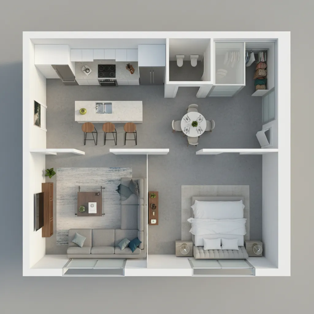 3D room layout of small apartment with kitchen dining area living room sofa and bedroom
