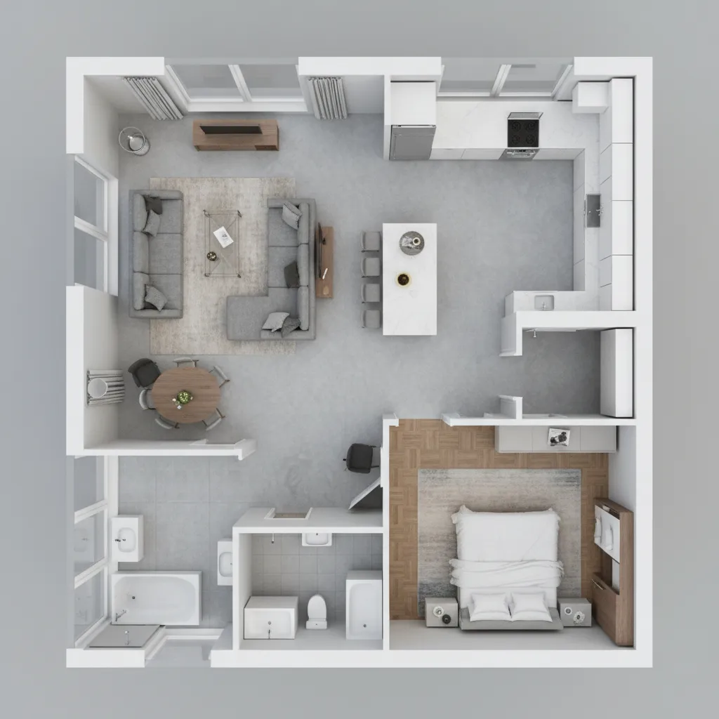 Plano 3D de un apartamento mostrando distribución interior