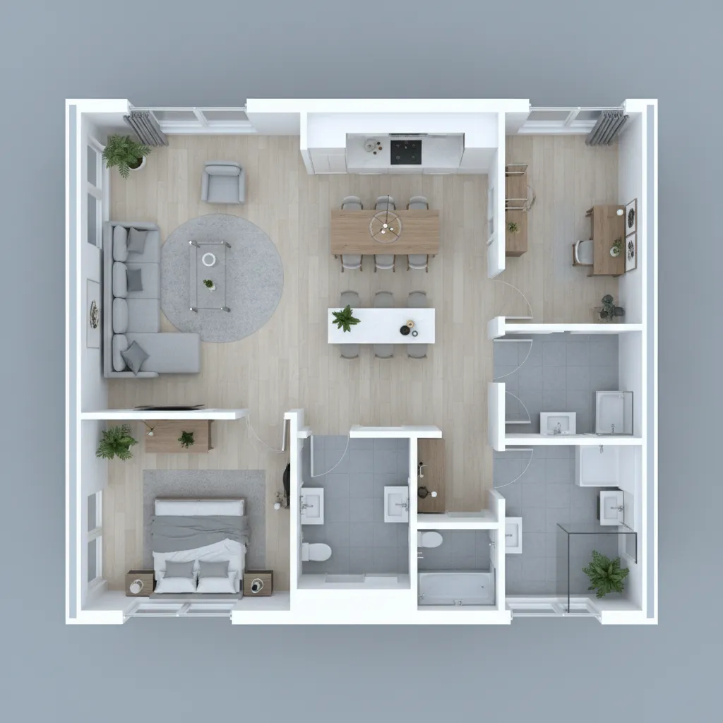 Plano 3D de distribución de muebles en un departamento