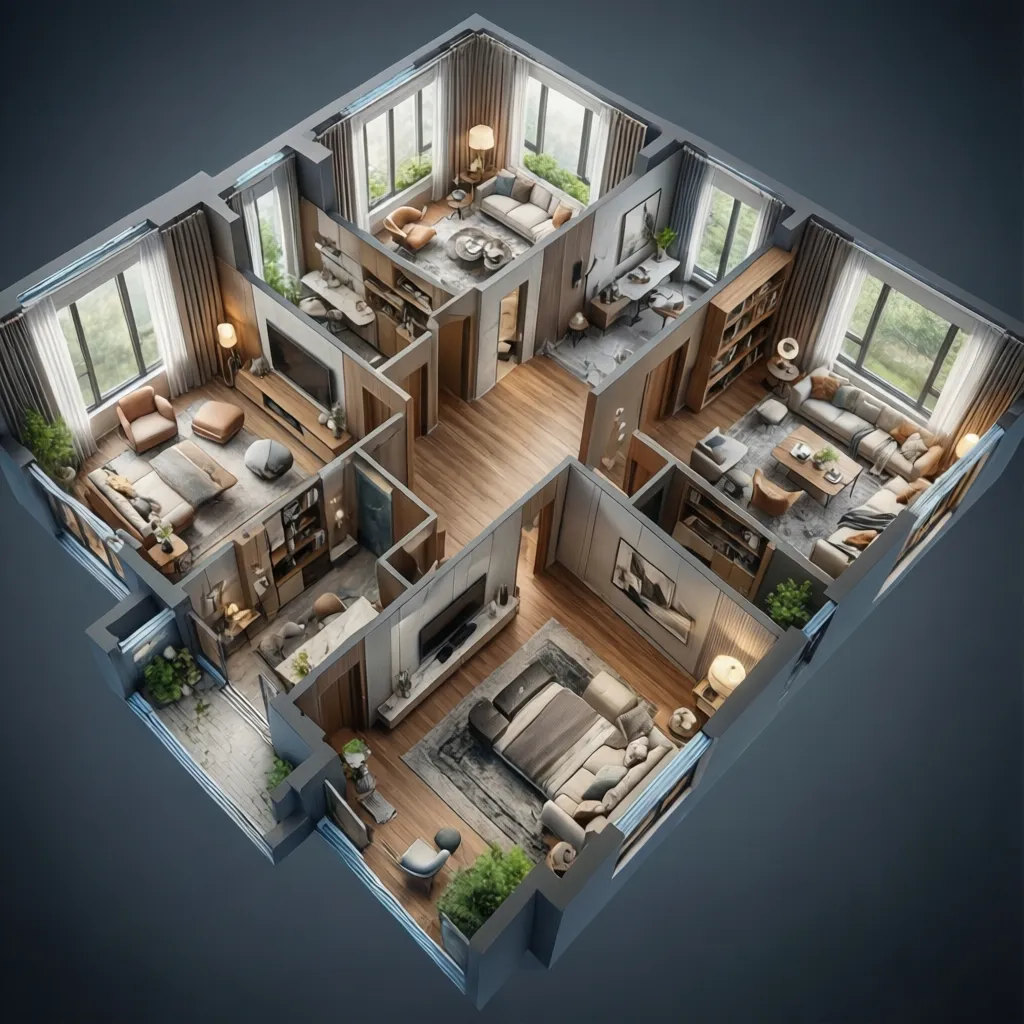 3D interior design drawing showing full apartment room layout with furniture windows and wooden floors
