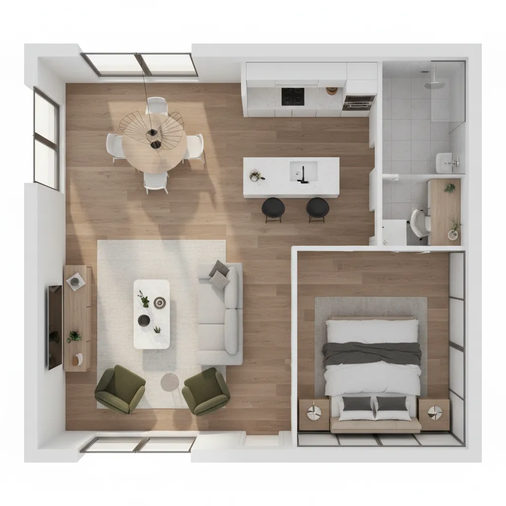 Plano de planta en 3D de un apartamento moderno