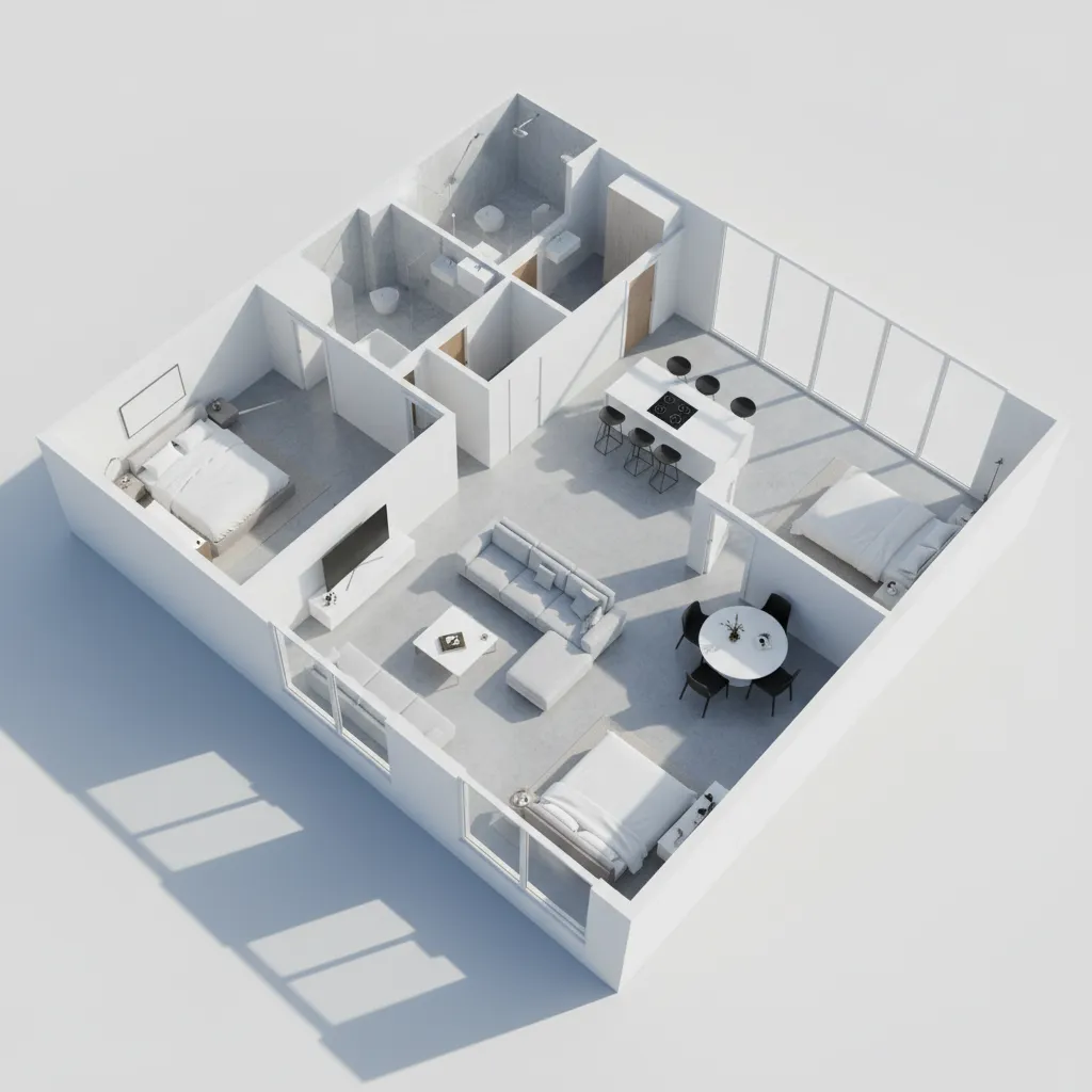 Plano 3D de un apartamento mostrando distribución interior
