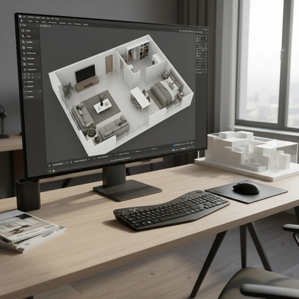 Computer monitor on wooden desk showing 3D house floor plan design with sofa and bed