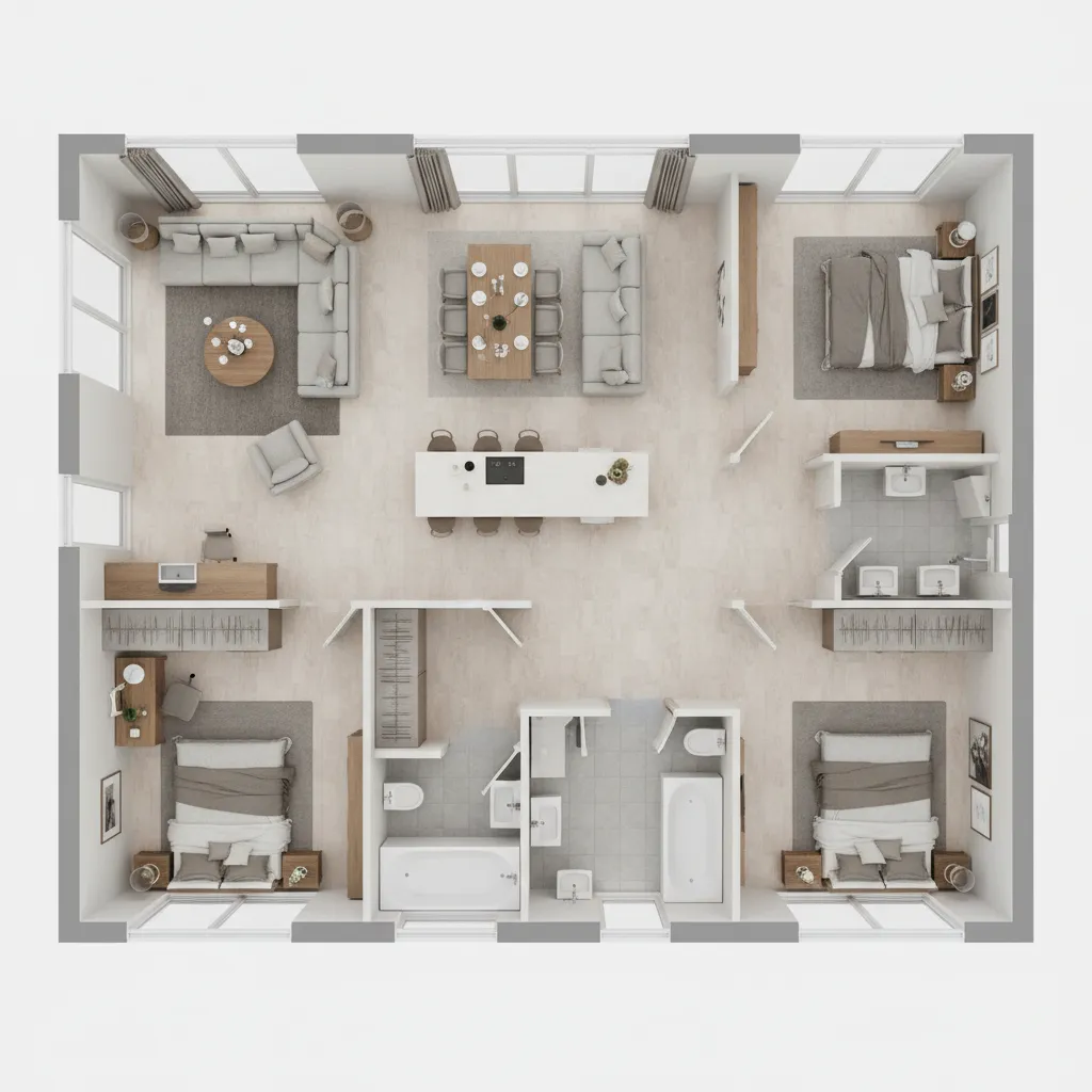 Plano 3D de distribución de vivienda utilizado en proyectos de interiorismo