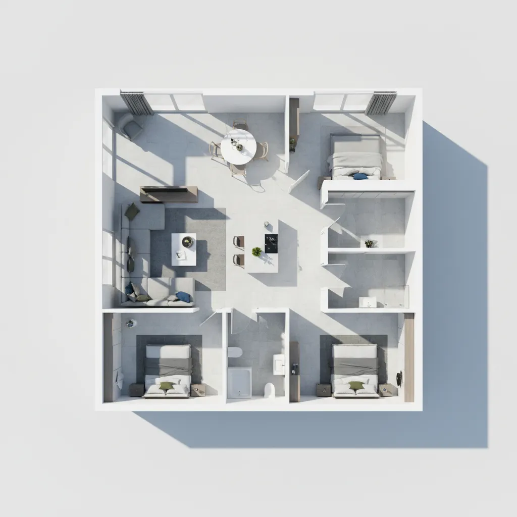 Visualización digital de un plano 3D de un apartamento con mobiliario
