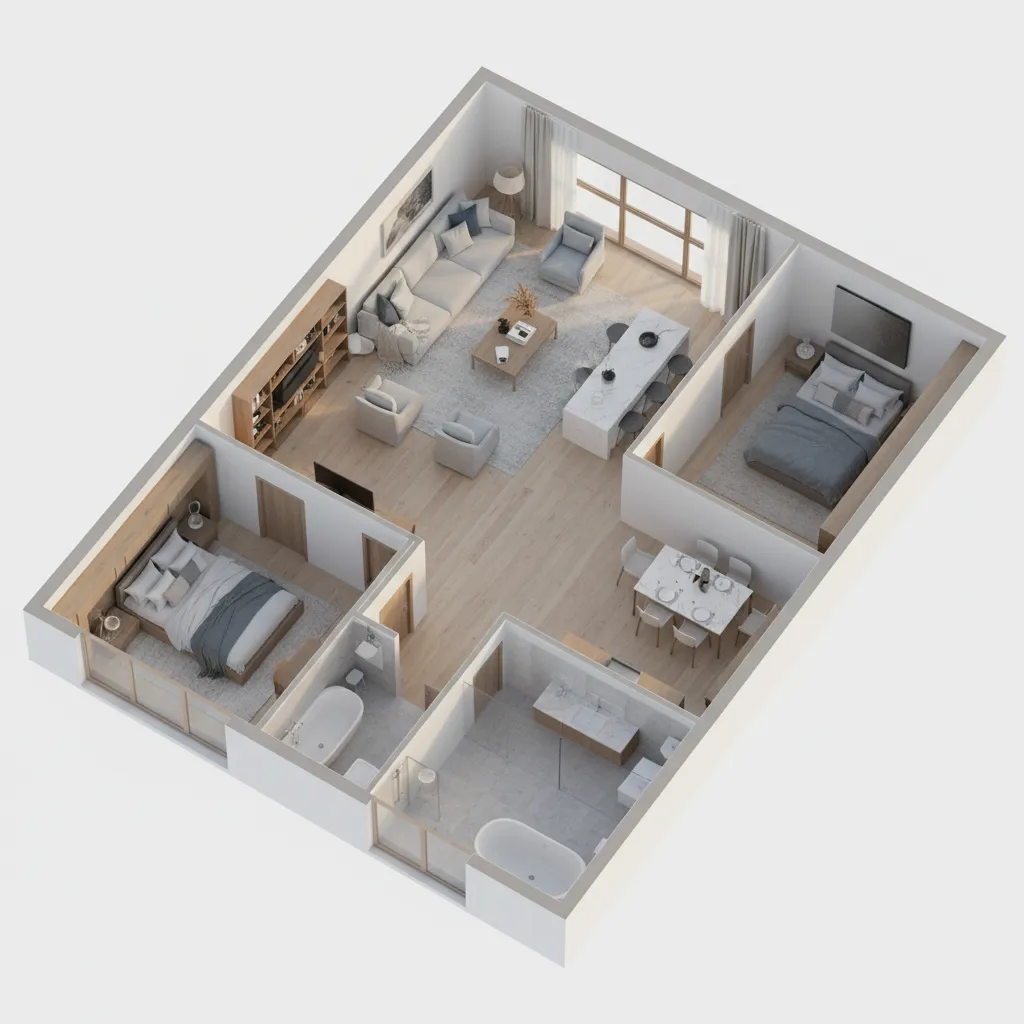 Plano 3D de un apartamento moderno utilizado para planificación de interiores