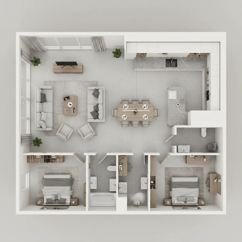 Interior design drawing showing a two-bedroom apartment with living room, kitchen, and large dining area