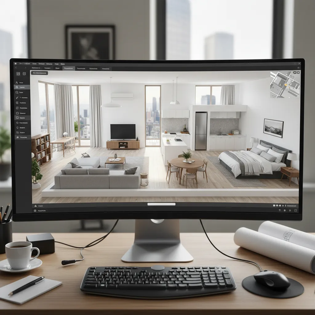 Plano 3D de distribución interior sobre pantalla de ordenador