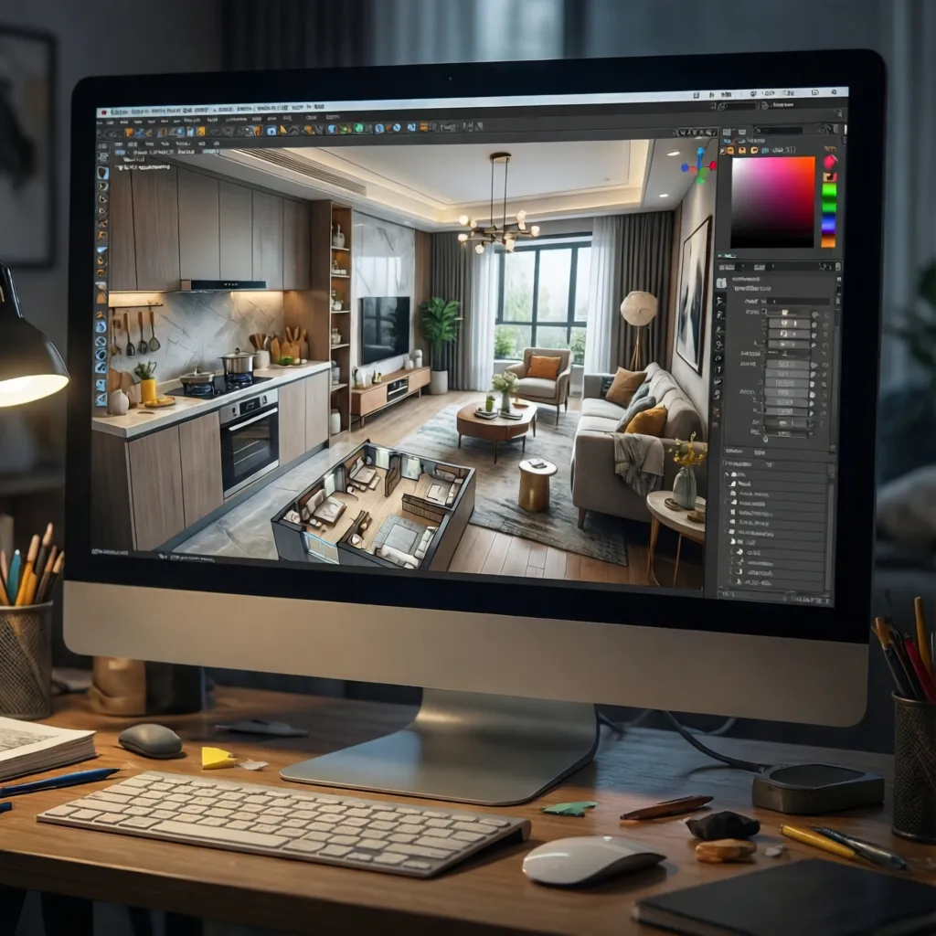 Plano 3D de un apartamento utilizado en planificación de interiores
