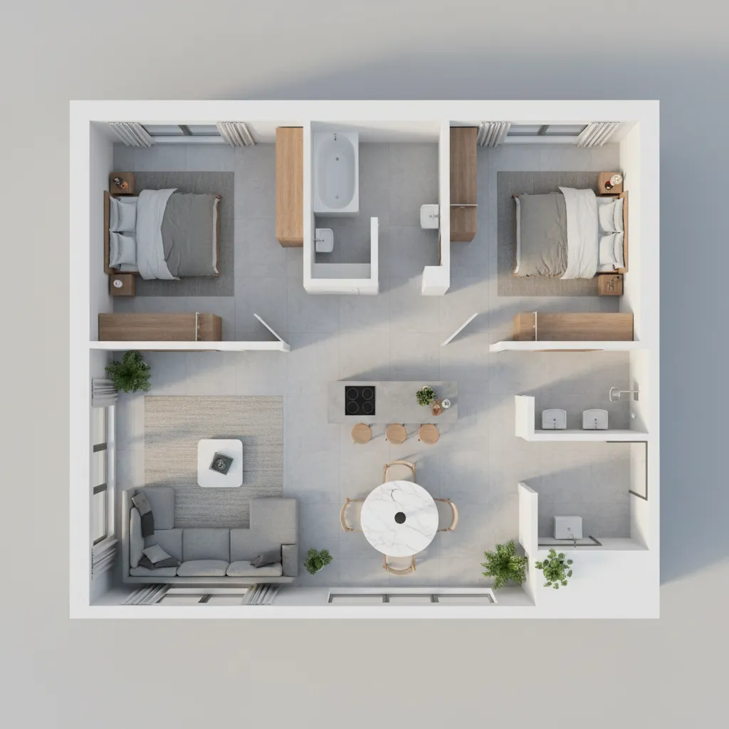 Plano 3D de distribución de un apartamento moderno