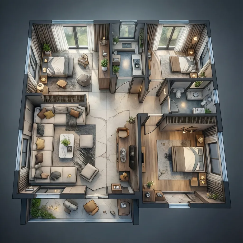 Plano de distribución interior en 3D mostrando optimización del espacio