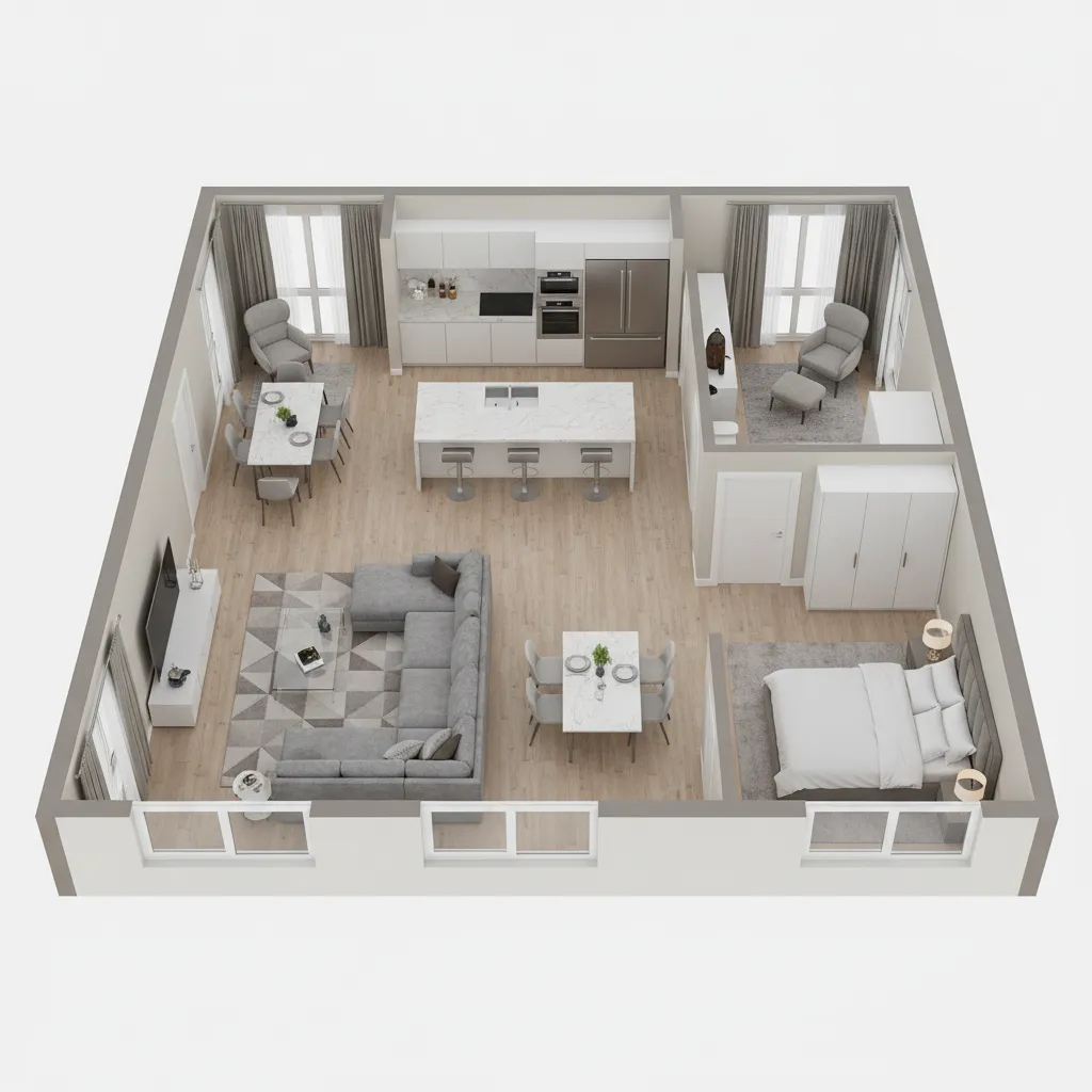 3D apartment floor plan showing furniture layout and interior design zoning