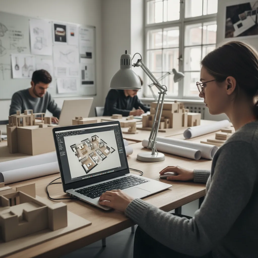 Estudiante creando un plano 3D de interiorismo en ordenador