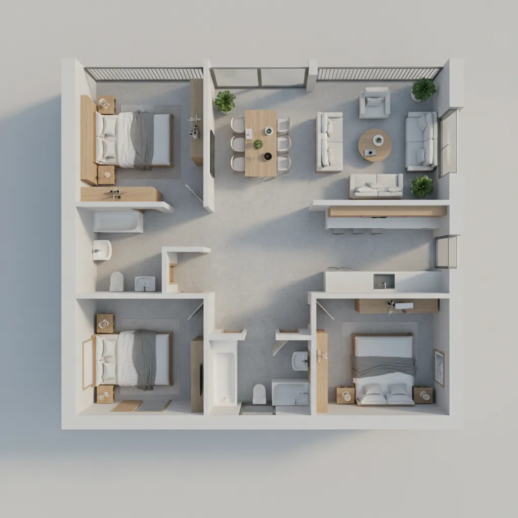 Plano 3D de vivienda mostrando distribución de habitaciones para proyecto de interiorismo