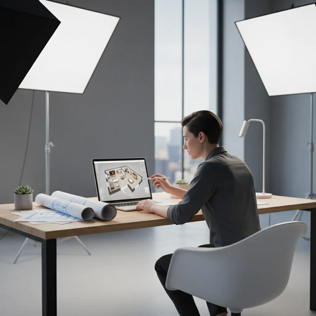 Designer reviewing a 3D floor plan layout for interior design project