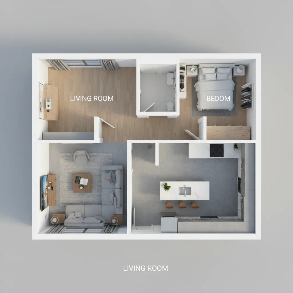 Top down view of a three dimensional room layout showing living room kitchen and bedroom