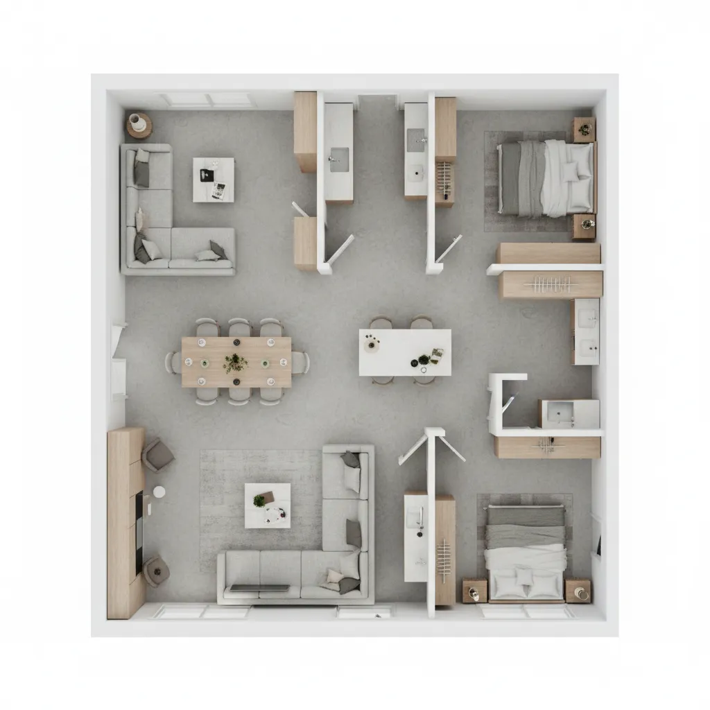 3D floor plan showing furniture layout and spatial planning in an apartment