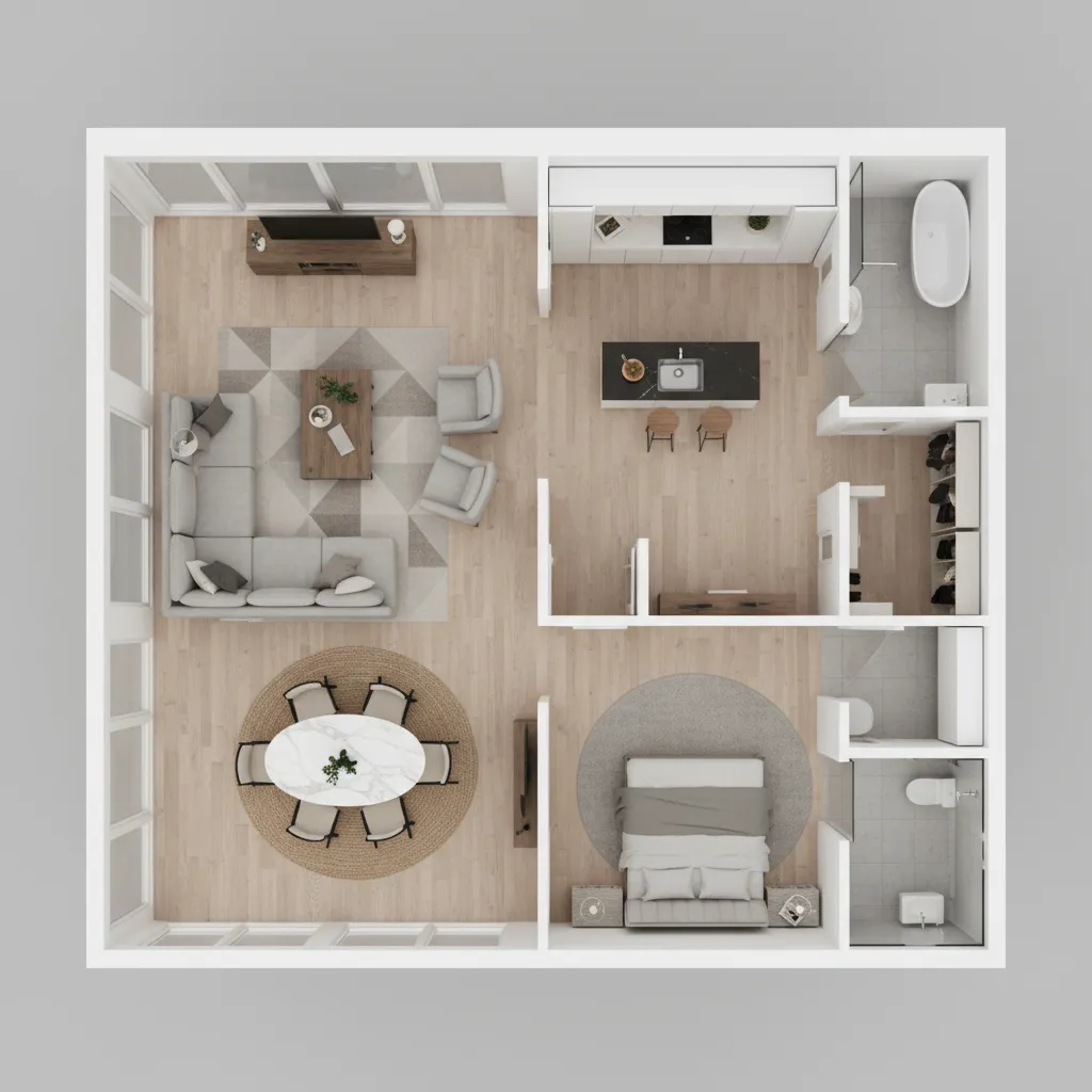 Plano de planta 3D de un apartamento con distribución de muebles