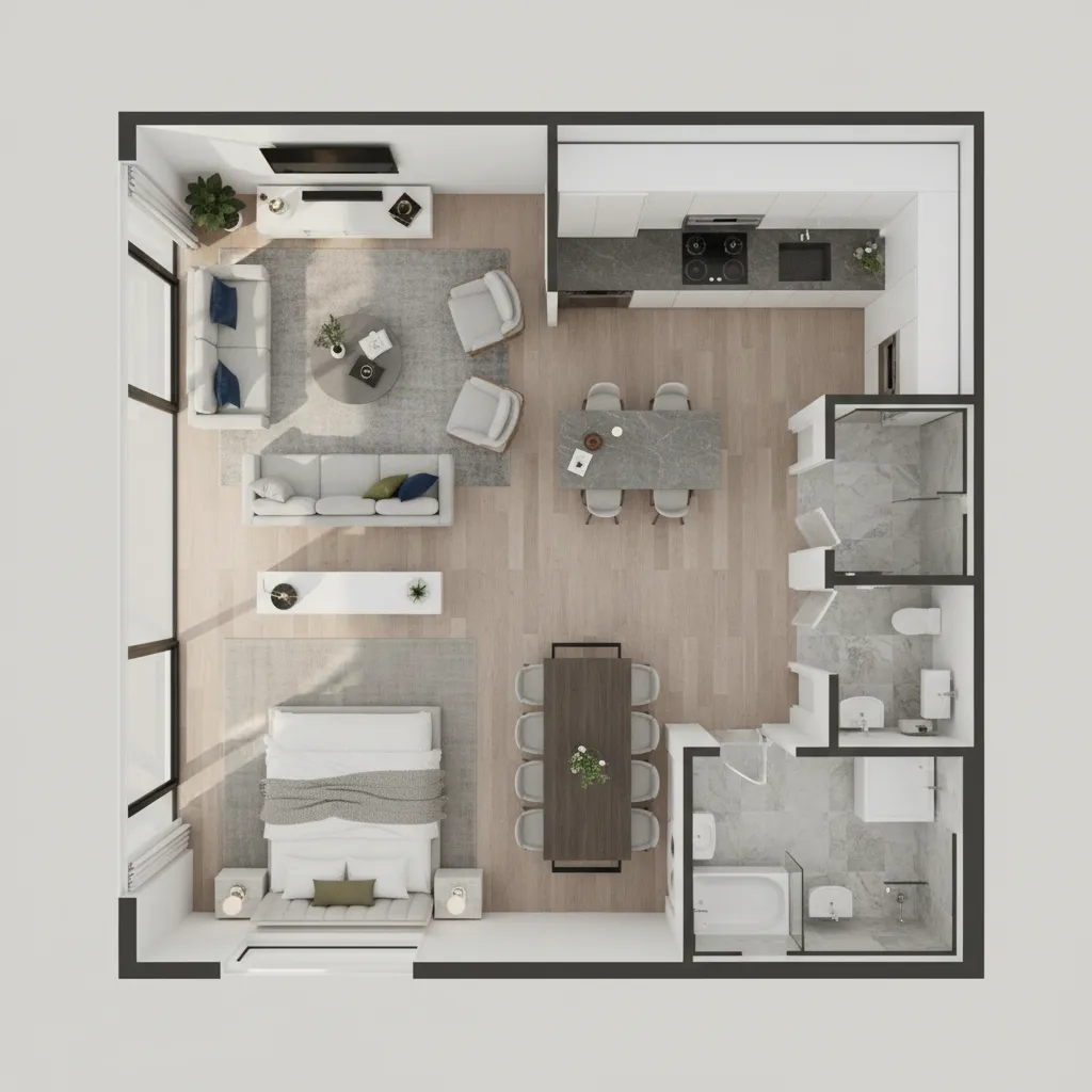 Plano 3D de distribución interior de una vivienda