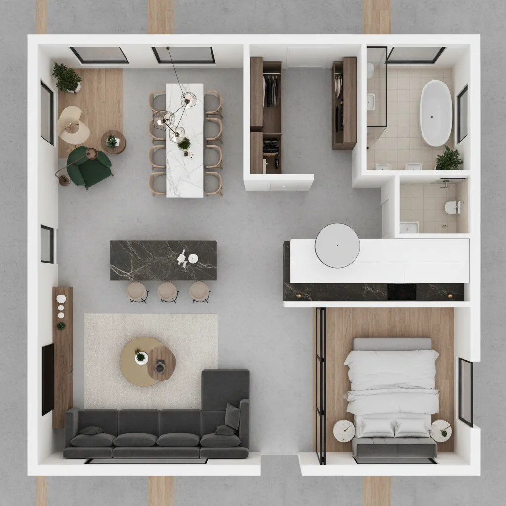 Top down interior design drawing of apartment layout with grey sofa, bedroom, and white bathtub