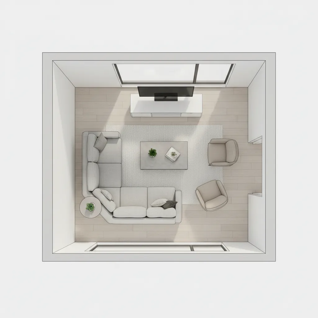 Top view of a living room layout showing sofa coffee table television and light wood flooring