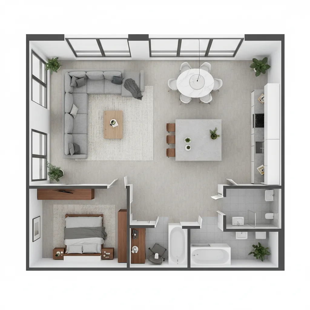 Top down 3D interior design drawing showing living room kitchen dining area bedroom and bathroom