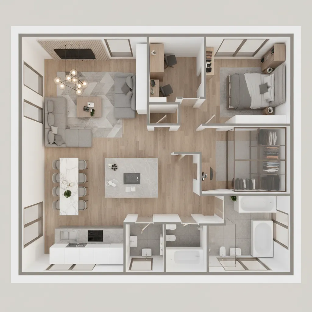 Plano de vivienda en 3D mostrando varias habitaciones y mobiliario