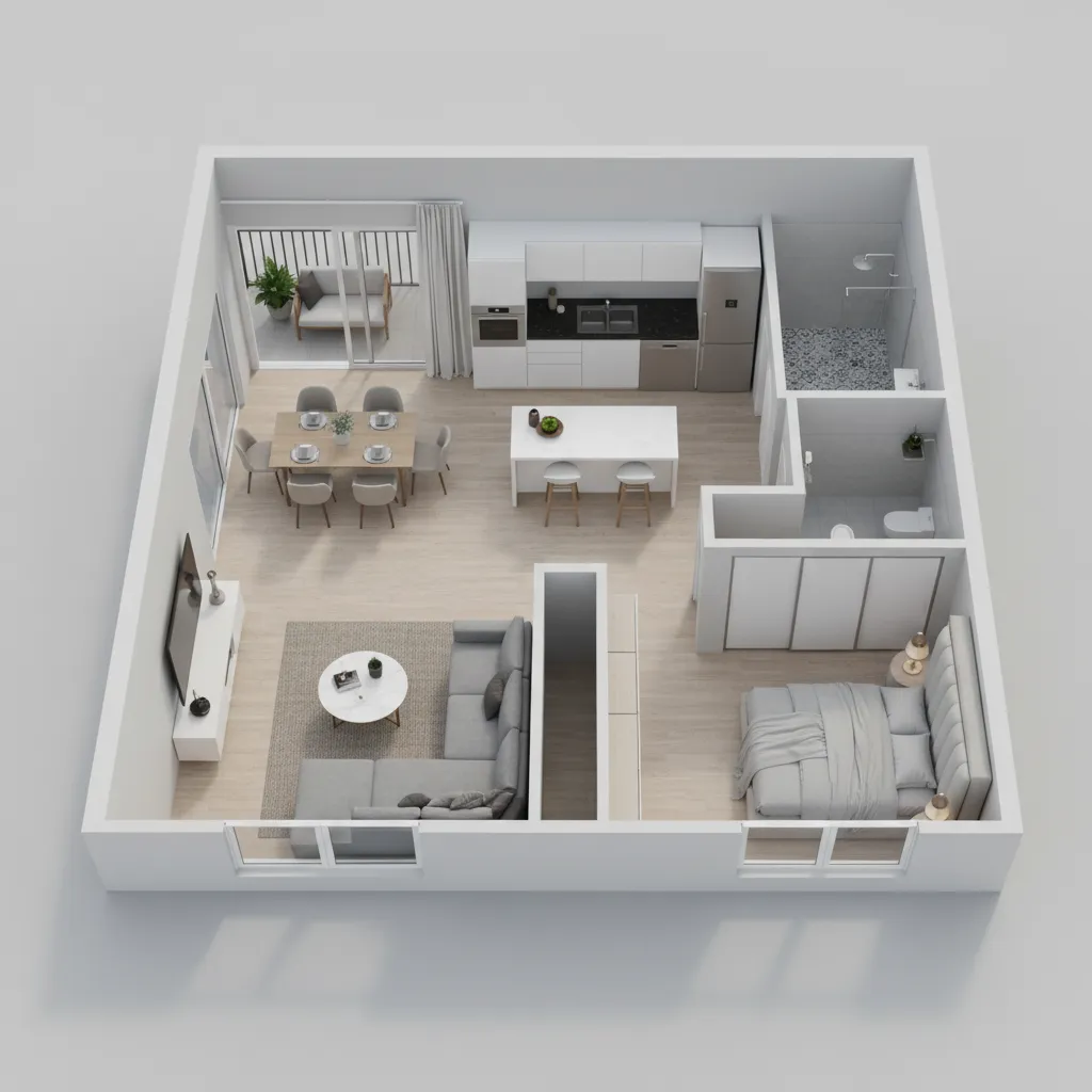 Plano 3D de vivienda mostrando distribución interior