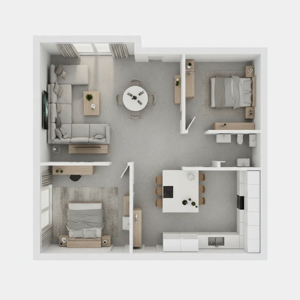 3D floor plan showing interior layout planning before renovation