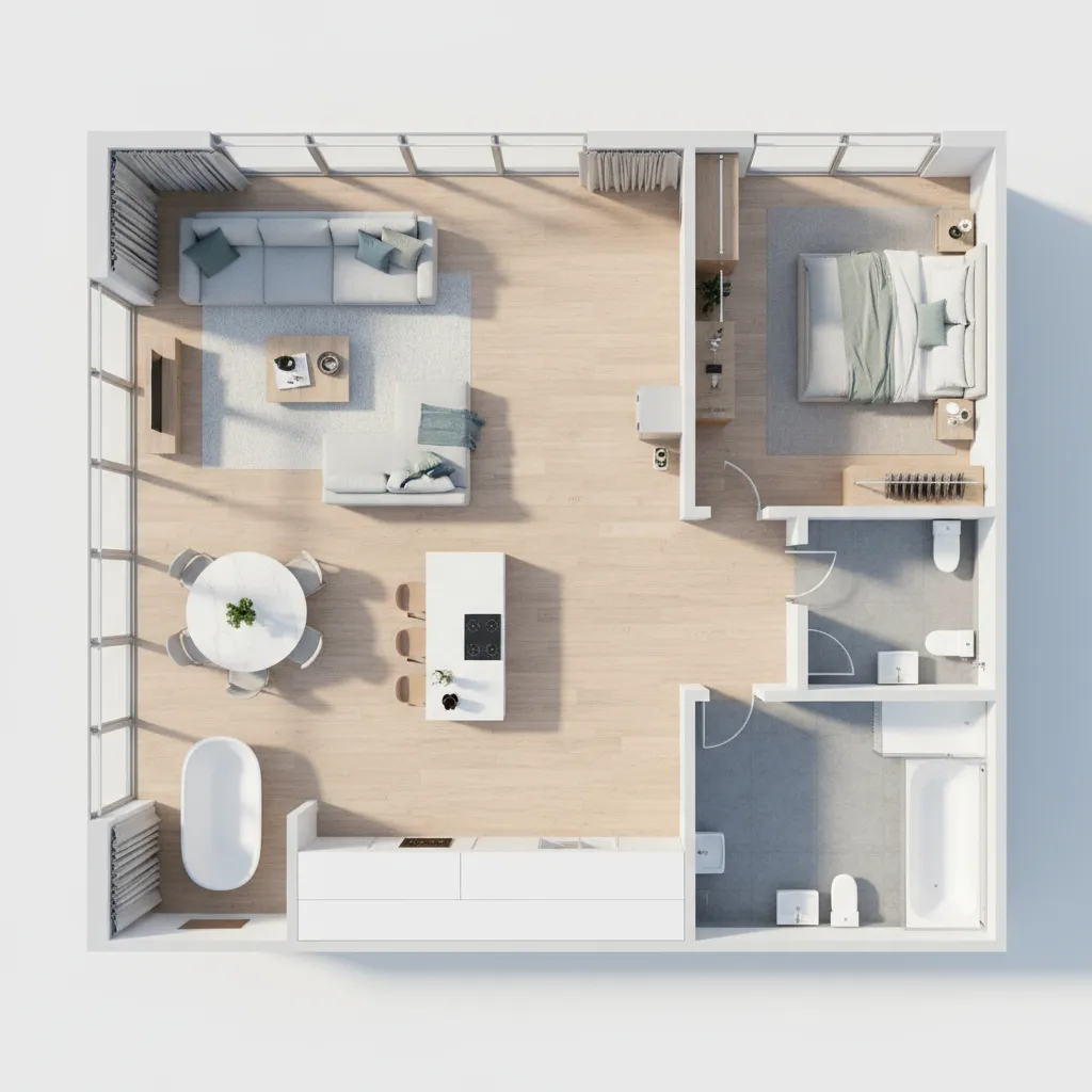Modern 3D interior design drawing showing living room kitchen dining area bedroom and bathroom layout