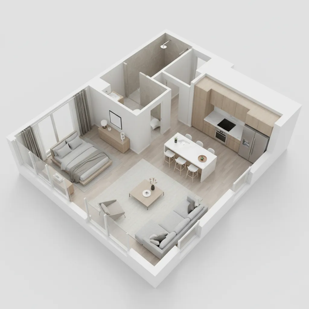 3D floor plan of modern apartment showing bedroom bathroom kitchen island living area and sofa