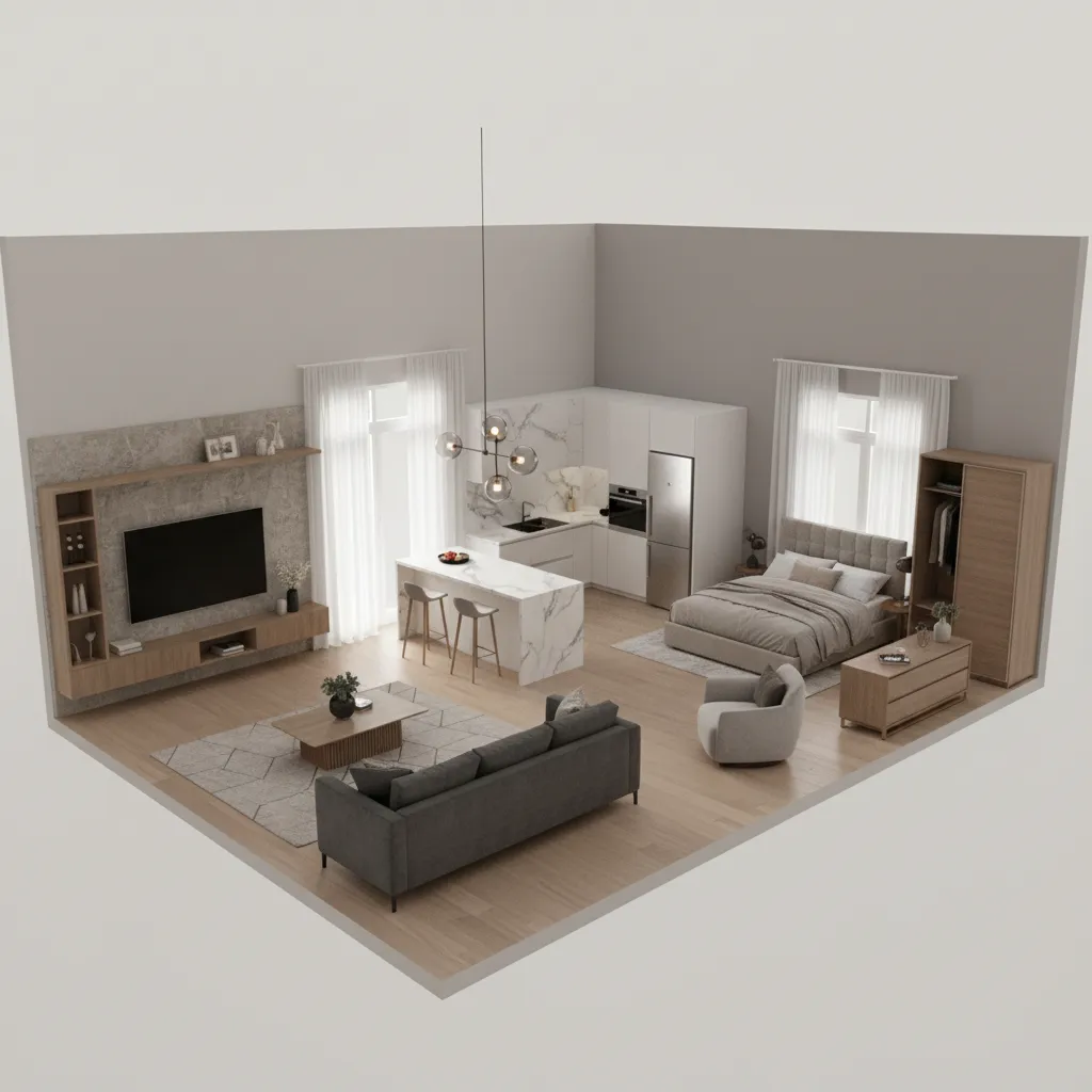 3D floor plan rendering showing furniture and room depth