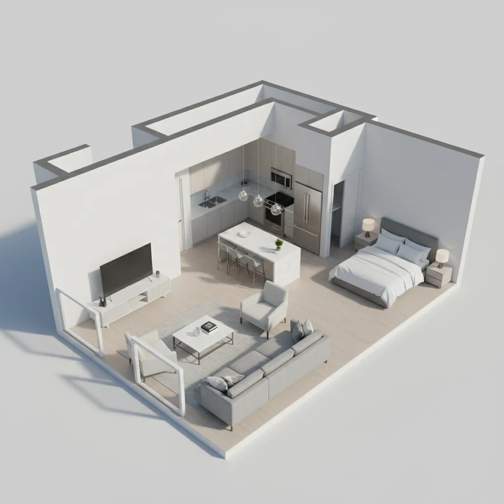 3d rendered apartment floor plan showing furniture layout and room flow