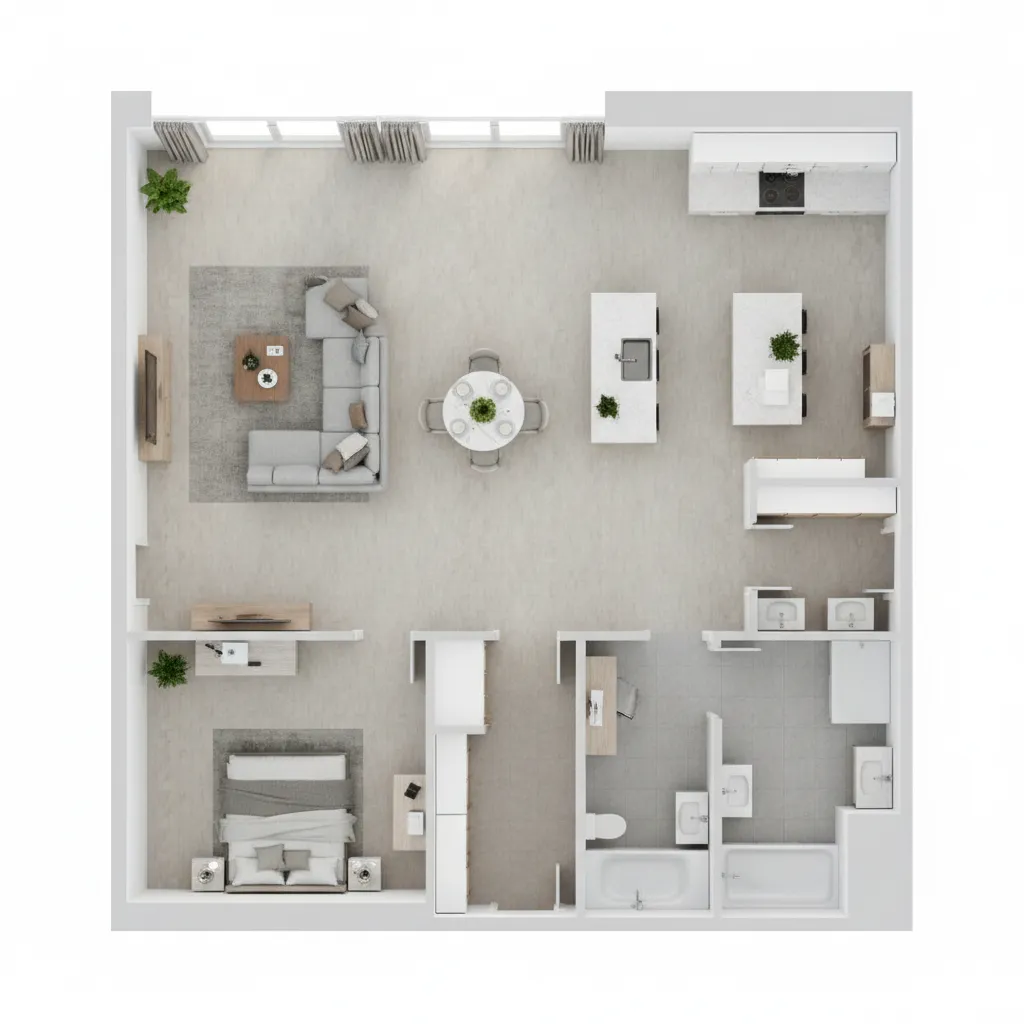 3D floor plan layout showing furniture arrangement and spatial flow
