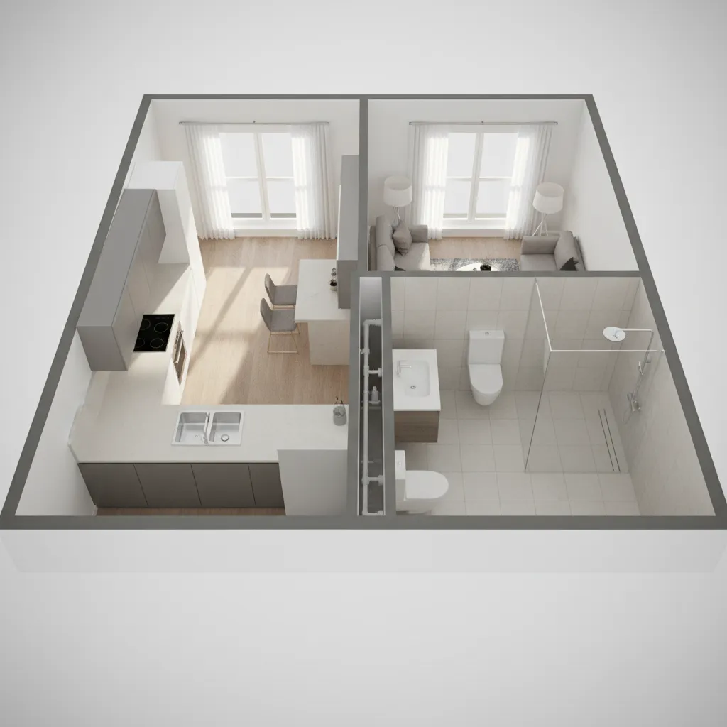 3D floor plan showing kitchen and bathroom plumbing alignment