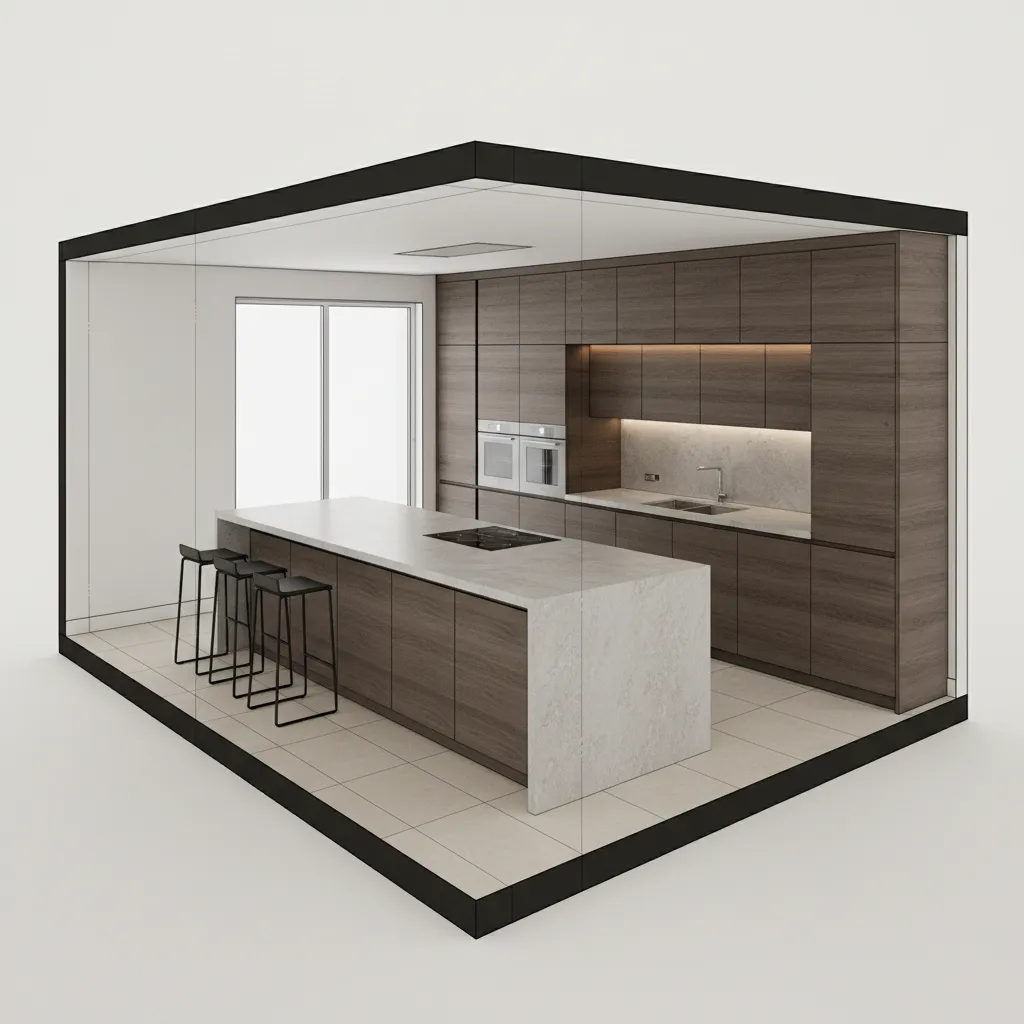 3D kitchen layout showing clearance space around island