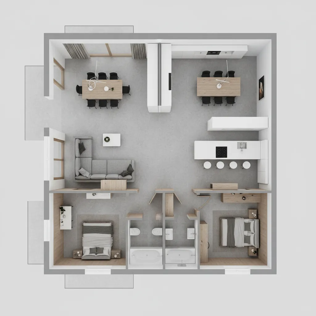 Top view of modern apartment layout with kitchen, dining area, living room, and two bedrooms