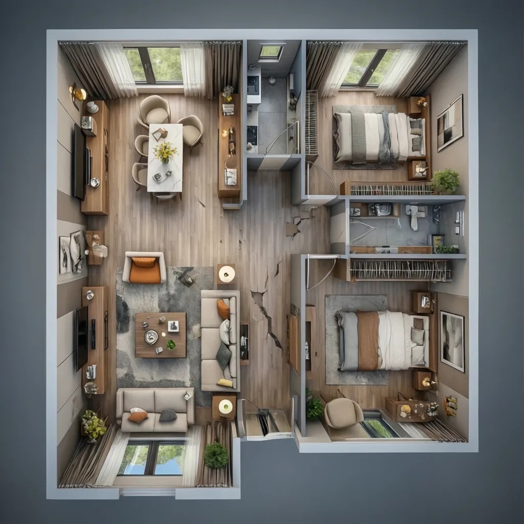 Top down 3D floor plan view of an apartment with living room kitchen and bedrooms